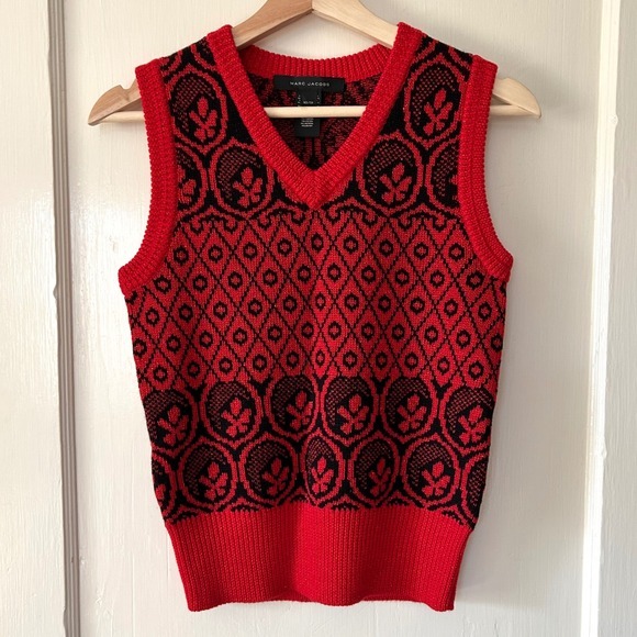 Marc Jacobs Wool Sweater Vest Cherry Red Black Sparkle Fair Isle Xs Y2k Academia